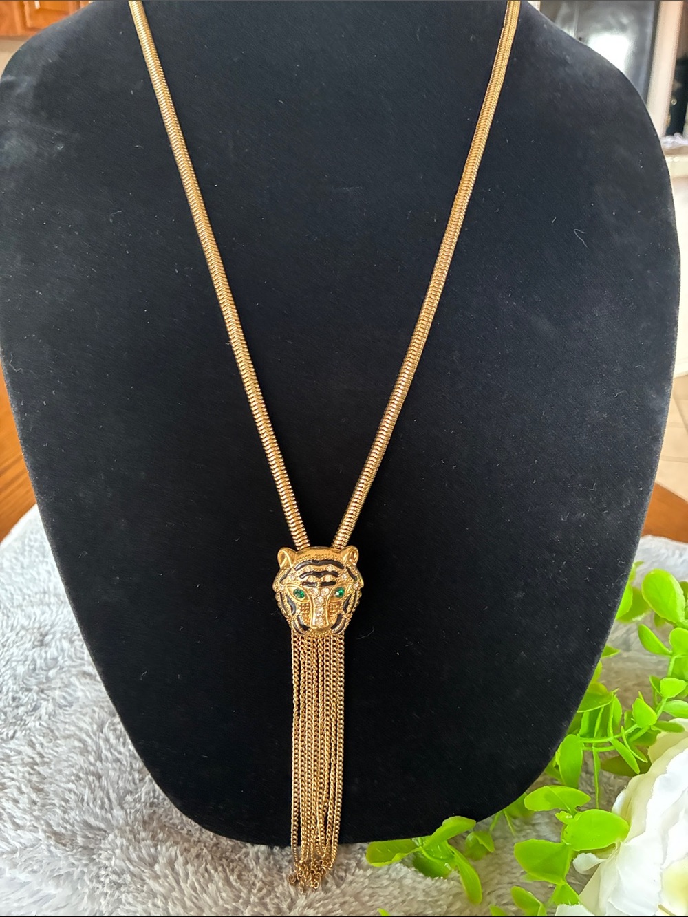 Gold Tiger Head Tassel Necklace with Green Accents